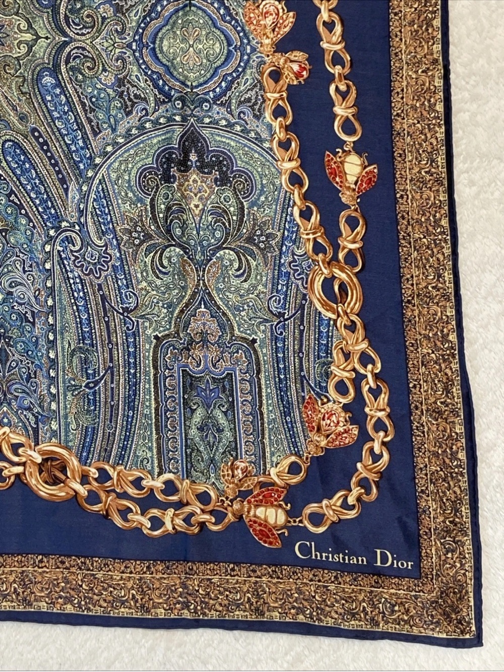 DIOR Vintage SILK Scarf 35” NAVY Gold/Ruby Jewel & Blue-Green Paisley print EUC - Picture 9 of 16
